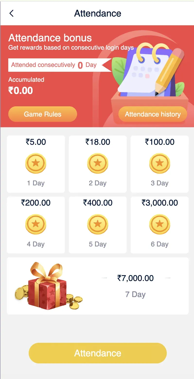in999 attendance bonus screen showing 7-day rewards from ₹5 to ₹7,000