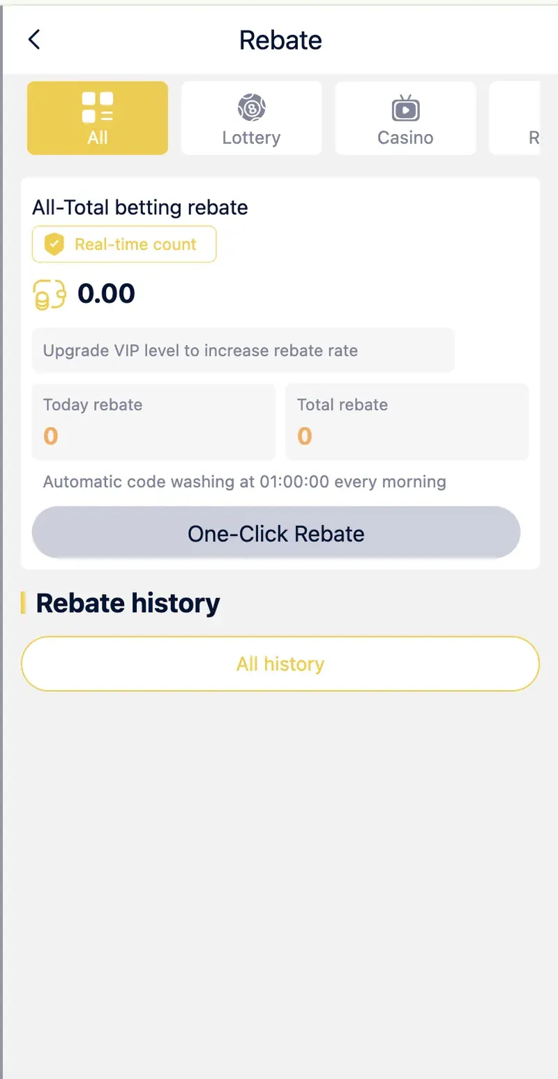 in999 betting rebate page showing real-time count and one-click rebate button