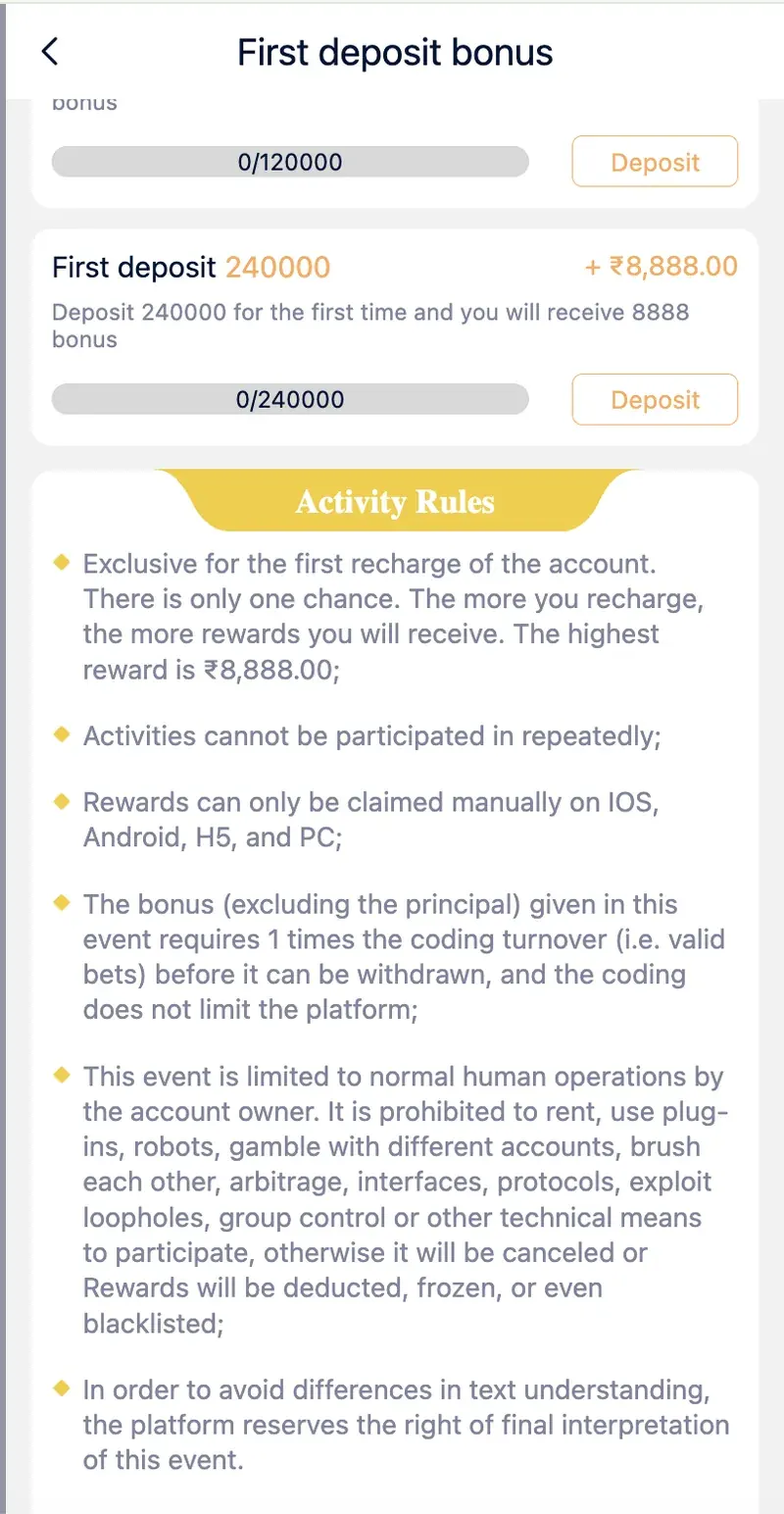 in999 first deposit bonus rules screen showing turnover requirements and prohibited activities