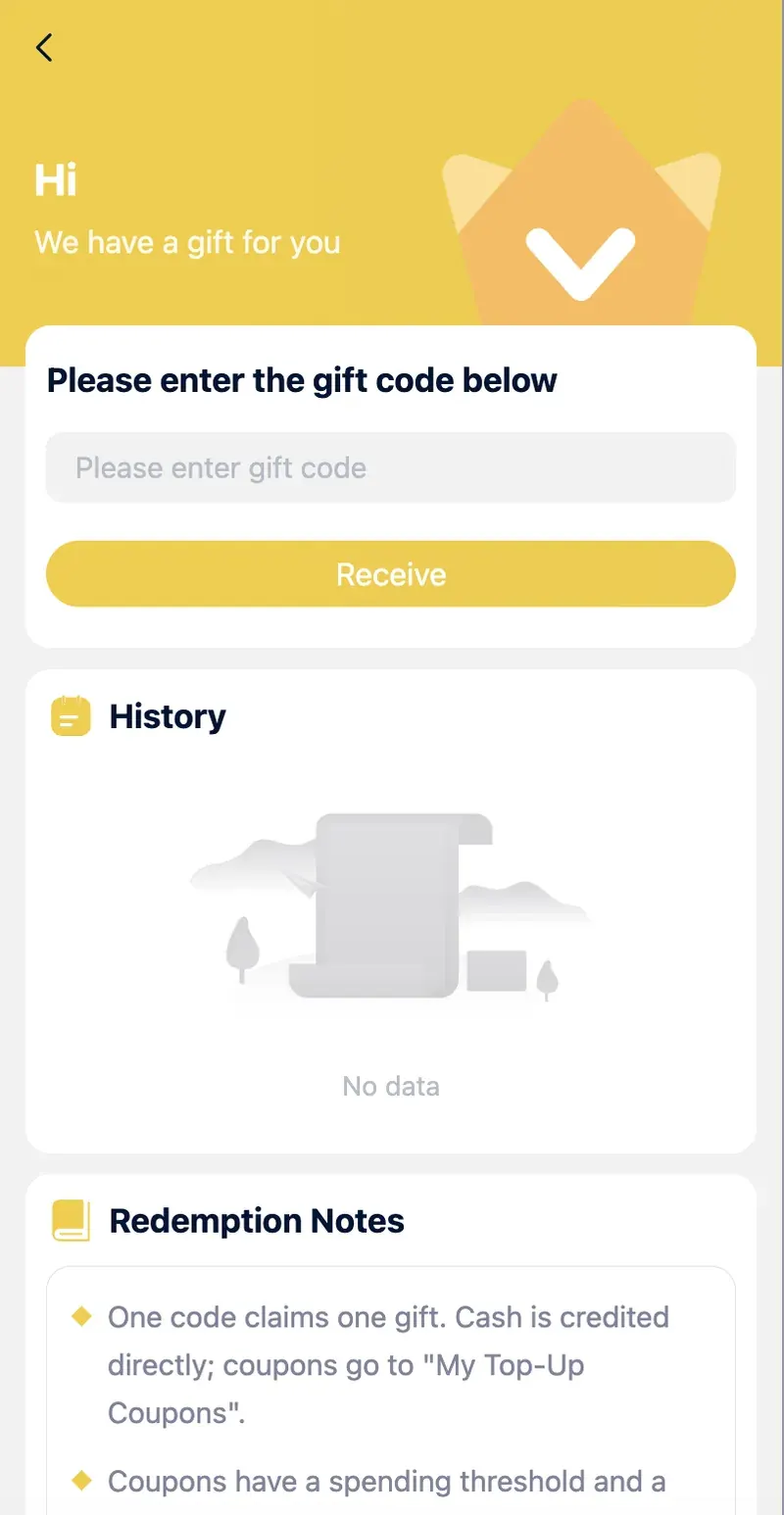 in999 gift code redemption screen with input field and history section
