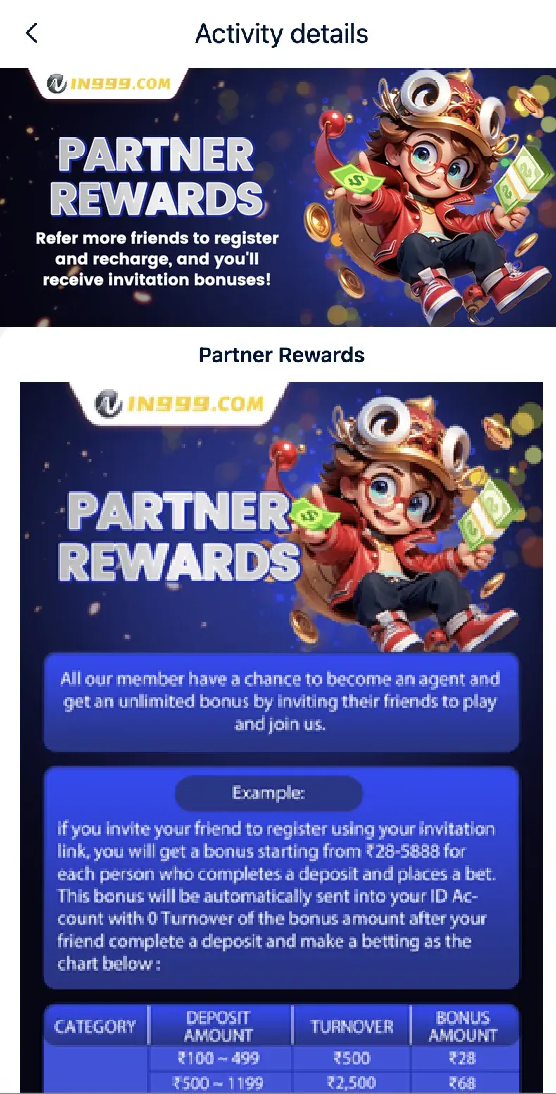 in999 partner rewards page showing invitation rules table with deposit ranges and bonus amounts